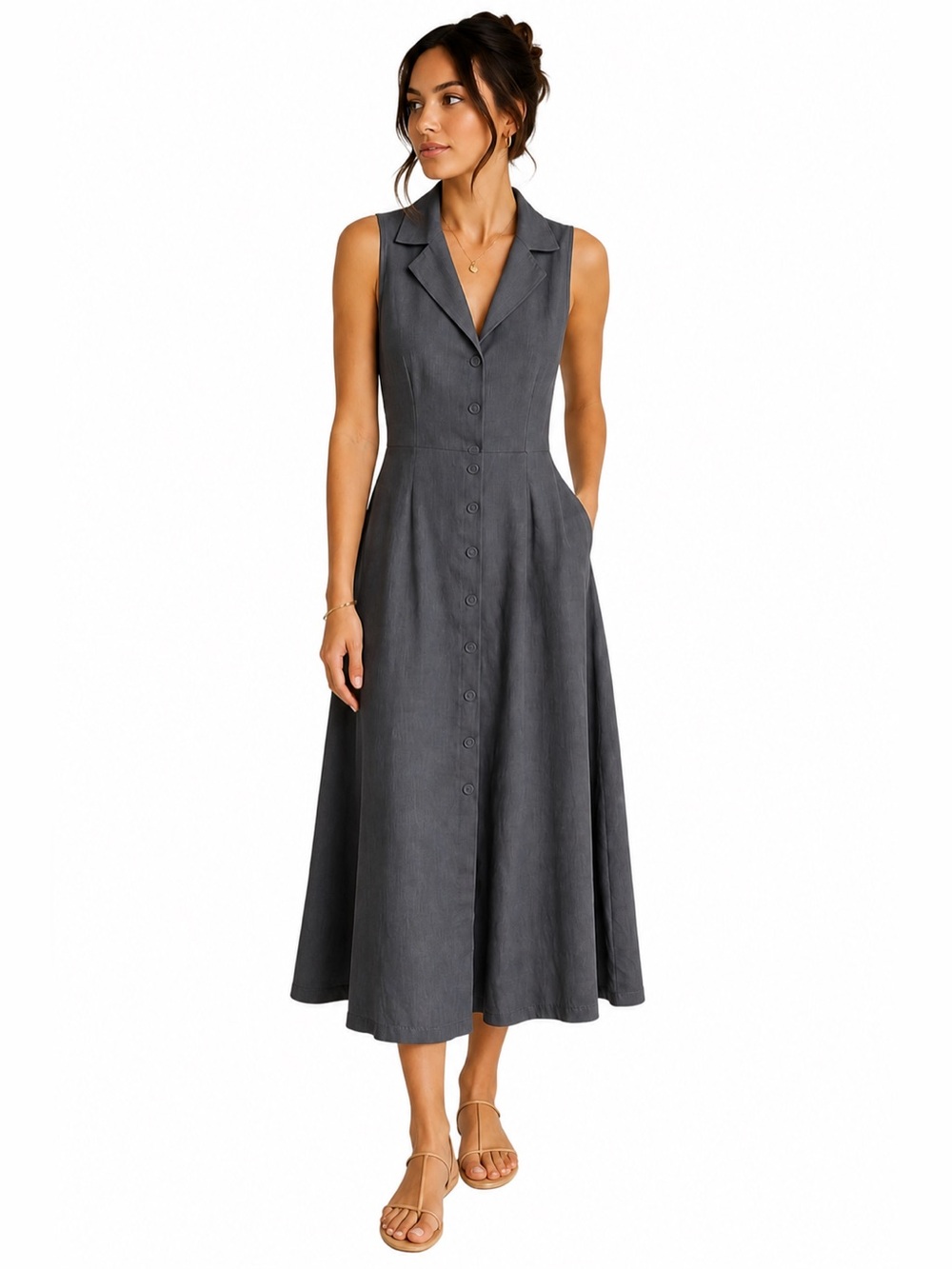 A New Day Charcoal Button Front Midi Dress Sleeveless Work Casual M
